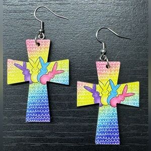 🎉 Easter Peeps Colorful Rabbit Cross Pendant Wooden Double-sided Earrings